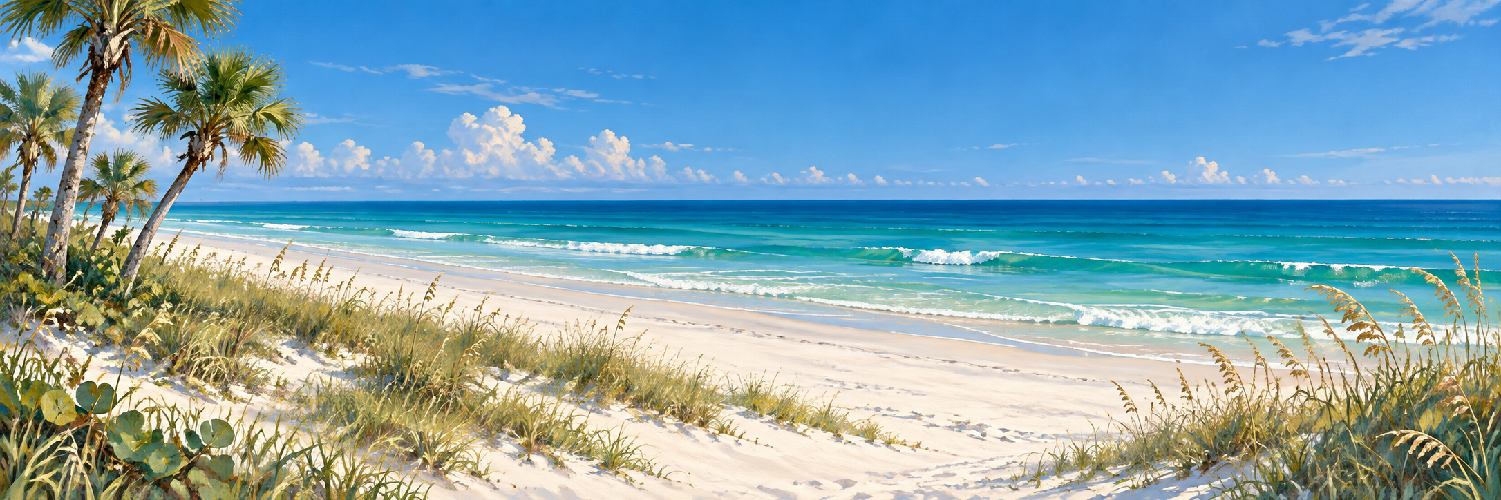 Illustrated Florida coastline with turquoise water, sand and palms